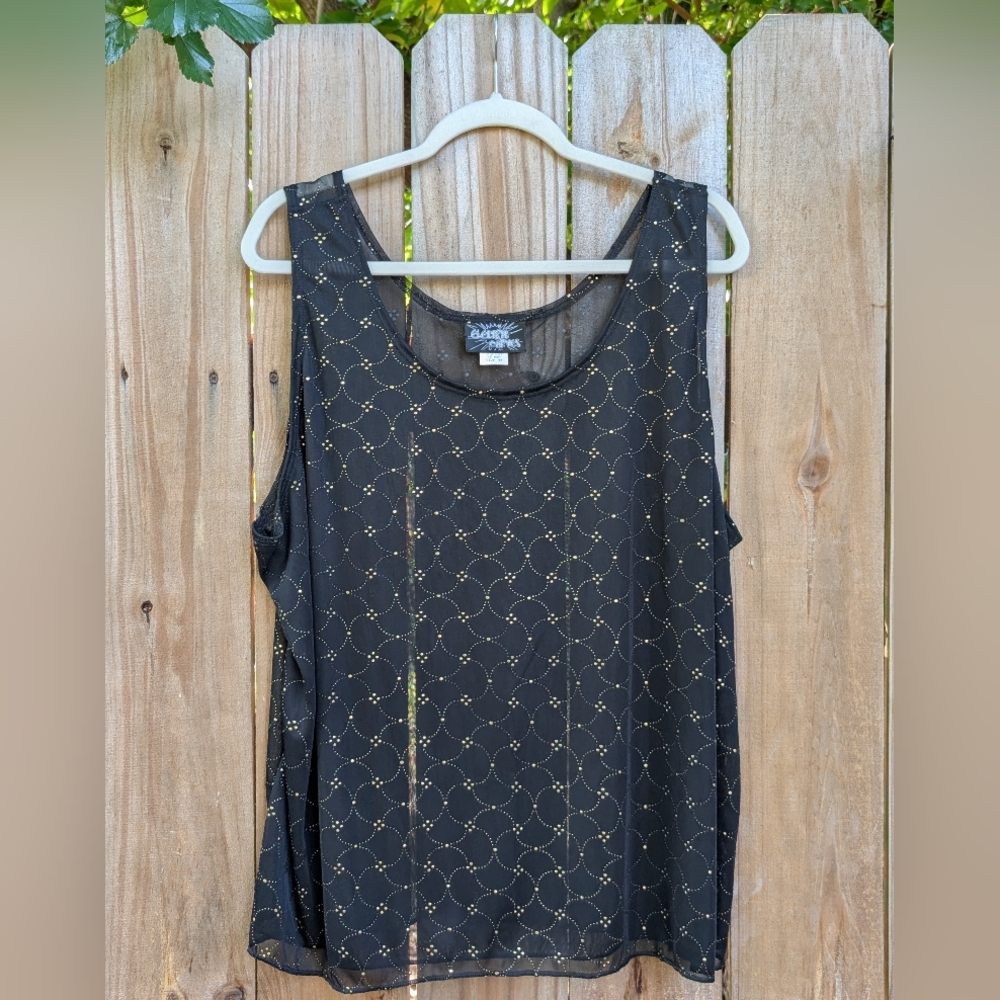 Vintage Plus Size Electric Curves Sheer Black Tank Top Metallic Embellished